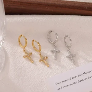 Waterproof Silver Gold Plated Stainless Steel Cross Zircon Hoop Earrings Minimalist Fashion Jewelry for Women