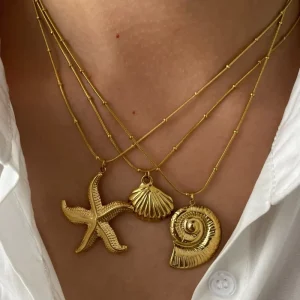 Waterproof Stainless Steel 18K Gold Plated Starfish Shell and Nautilus Pendants Charm Beaded Chain Necklace for Women