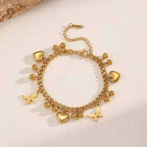 Waterproof Stainless Steel Cuban Chain Bracelet Butterfly Heart Charm Bracelets Non Tarnish Jewelry for Women TGSL5575