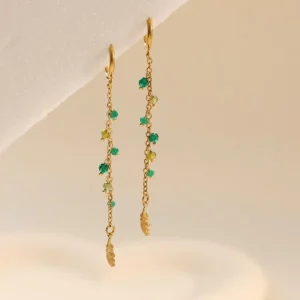 Waterproof Stainless Steel Glass Feather Drop Long Earrings Pendant Earrings Gold Plated Earring Fashion Jewelry Everyday Wear