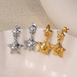 Waterproof Stainless Steel Jewelry Crystal Zircon Drop Earring Tarnish Free 18k Gold Plated Diamond Star Earring