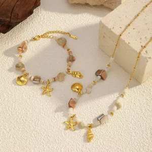 Waterproof Stainless Steel Jewelry Set Ocean Shell Star Pendant Necklace & Bracelet for Women