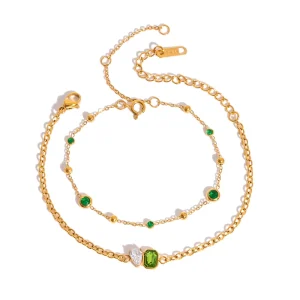 Waterproof Stainless Steel Vintage Green Crystal Beaded Link Bracelet Skin Friendly Everyday Wear Elegant Ladies Gift
