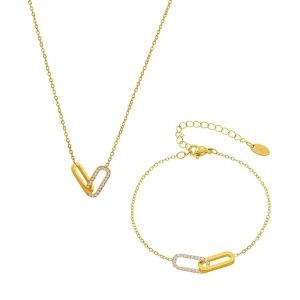 Waterproof Stainless Steel Zircon Necklace Bracelet Set Square Interlocking Design