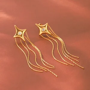 Waterproof Star Tassel Stud Earring Stainless Steel Hypoallergenic Gold Plated Zircon Stud Earrings for Party