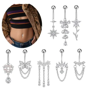 Waterproof Summer Beach Sexy Body Jewelry Stainless Steel 316L Belly Piercing Ring Medical Material CZ Dangling Navel Belly Ring