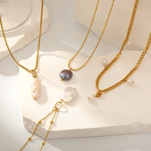 Waterproof Tarnish Free Gold Metal Chain With High Luster Single Pearl Necklace Modern Classic Handcrafted Everyday Jewelry