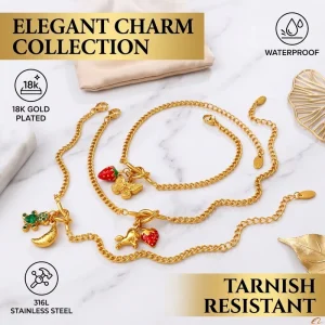 Waterproof Tarnish resistant 18K Gold Plated Pearl Charm Bracelet Stainless Steel Butterfly Strawberry Bear Pendant Jewelry