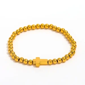 Waterproof&No Fade Fashion Vintage Chunky Cross Pendant Bead Chain Bracelet for Women Stainless Steel Jewelry