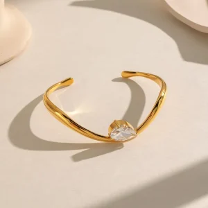 Wave Open Cuff Bangle 18K PVD Gold Plated Stainless Steel White Zircon Bracelet Women Fashion Jewelry
