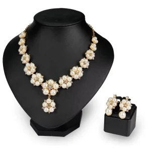 Wedding Bridal Pearl Flower Earring and Necklace Vintage Jewelry Set for Women