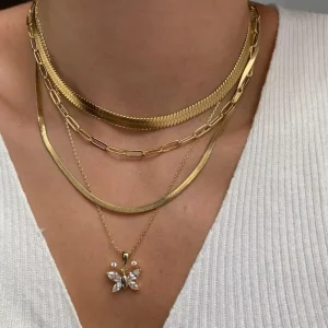 Wedding Crystal Rhinestone Butterfly Charm Necklace with Gold Plated Snake Chain Four Layers Design for Women