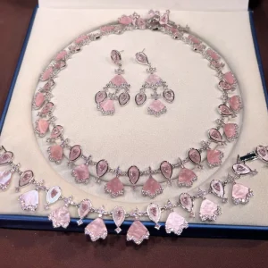 Wedding Jewelry Set White Blue Pink Zirconia Full Paved Necklace Earring Bracelet Sets