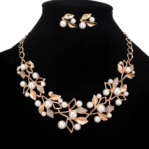Wedding Jewelry Sets Gold Leaf Rhinestone Necklace Set Formal Pearl Costume Jewerly for Women and Brides