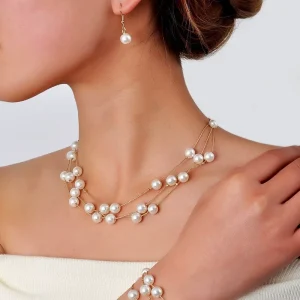 Wedding Pearl Fashion Jewelry Set Pearl Beaded Necklace Earrings Bracelet Set Bridal Jewelry Set European American Jewelry Set