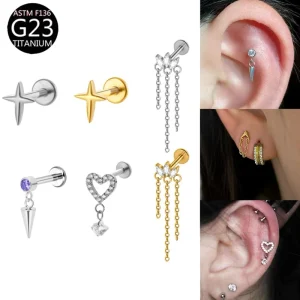 Wedding Titanium F136 Tassel Zircon Piercing Ear Bone Stud Dangle Ear Bone Ring Earrings Star Heart Titanium Nose Stud