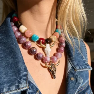 Western Boho Multicolor Stone Beaded Choker with Bull Skull Charm Cowgirl Statement Jewelry