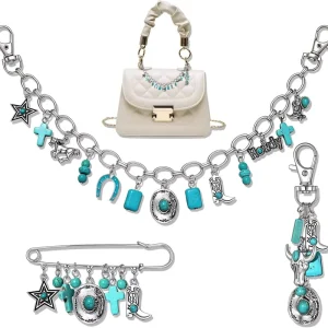 Western Cowboy Retro Turquoise Bull Head Jewelry Set Women Necklace Bag Chain Keychain Pendant Handbag Charm Carabiner Keychain