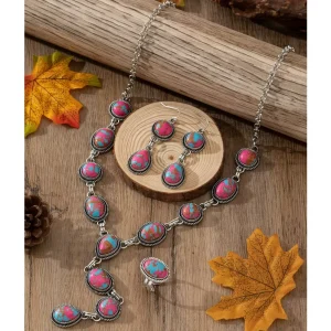 Western Cowgirl Aztec Multicolor Turquoise 3-Piece Jewelry Set Zinc Alloy Statement Necklace and Earrings 20-Inch