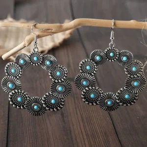 Western Cowgirl Style Blue Turquoise Stone Decor Highland Cow Head Dangle Earring for Women Fashion Earrings Vintage