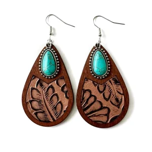 Western Leather Earrings Classic Leopard Cowhide Turquoise Wood Drops Vintage Earrings Women Fashion Jewelry
