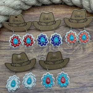 Western Till Blue Pink Turquoise Flower Drop Earrings Women Vintage Bohemian Zinc Alloy Bold Elegant Fashion Jewelry Bijoux