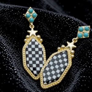 Western Till Geometric Black White Checkerboard Pattern Zinc Alloy Blue Turquoise Stud Earrings Women Vintage Fashion Jewelry