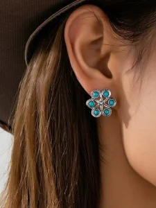 Western Till Retro Turquoise Flower Cluster Cowgirl Cowboy Rodeo Dangle Earrings for Women Cowgirl Southwestern Jewelry