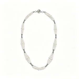 Wheat Ear Long Necklace Natural Freshwater Pearls Gradient Three Strands Twisted Design With Black Shell Magnetic Clasp Fashion