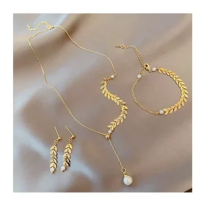 Wheat Ear Pearl Necklace Earrings Bracelet Fashion Jewelry Set for Women