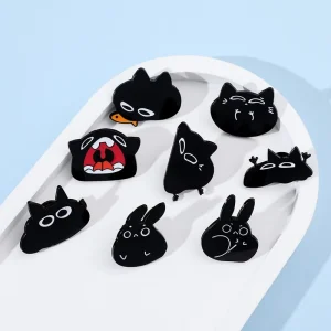 Whimsical Playful Black Animal with Fish Cute Cartoon Creature Brooch Fun Monster Design Alloy Badge for Hats