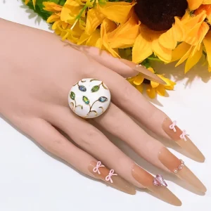 White Enamel Colorful Rhinestone Round Open Ring Women Vintage Gold Outline Adjustable Statement Jewelry