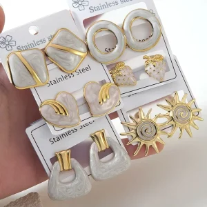 White Enamel Drop Oil Earrings Hypoallergenic Stainless Steel Geometric Heart Strawberry Sun Stud Earrings for Women Trendy