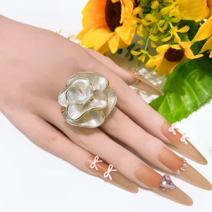 White Enamel Rose Flower Open Ring Women Elegant Gold Trim 3D Floral Adjustable Statement Jewelry Gift for Daily Wear
