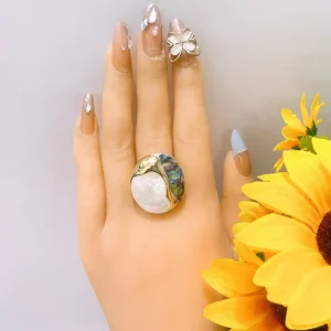 White Enamel Statement Ring Gold Trim Chunky Wide Band Ring Natural Shell Texture Elegant Finger Jewelry for Occasions