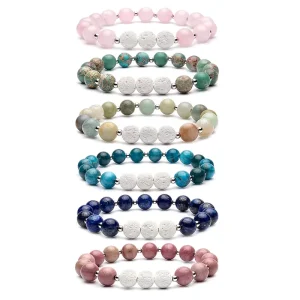 White Lava Stone Essential Oil Diffuser Bracelet Gemstone Round Beads Crystal Elastic Bracelet Women