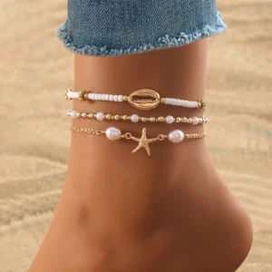 White Layered Beaded Anklet Stackable Irregular Pearl Anklet Gold Shell Starfish Anklet for Women Jewelry Gift