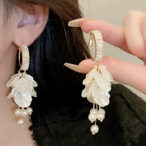 White Layered Ruffled Petal Design Earrings for Women Floral Dangle Earring Jewelry