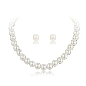 White Pearl Jewelry Sets, Rhinestone Ball Necklace Earrings Bracelet Sets