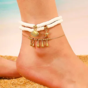 White Polymer Clay Beaded Anklet White Pearl Flower Tassel Anklet for Women Beach Party Seaside Vacation Jewelry Gift