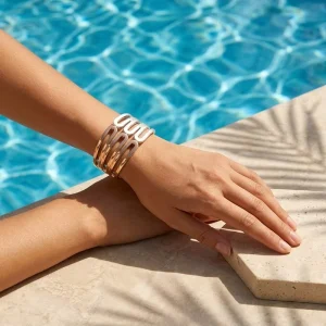 Wide Hollow Cuff Bangle Waterproof Zinc Alloy Bracelet Non fading Punk Minimalist Jewelry for Women Two tone Statement Bangle