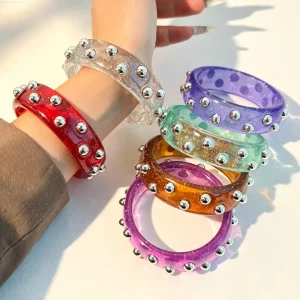 Wide Resin Bangle Full Glitter Filled Silver Round Metal Stud Decor Transparent Glossy Acrylic Bracelets Fashion Bangles