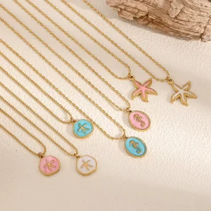 Wind Enamel Pendant Animal Shape Marine Element Stainless Steel Necklace Women’s Fashion Fresh Seashell Oval Beads