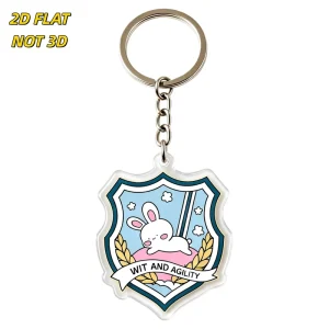 Wit and Agility Bunny Shield Acrylic Keychain Cute White Rabbit on Pink Cloud with Laurel Wreath & Sky Background