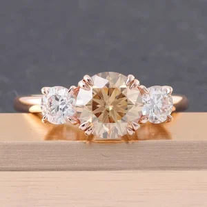 Women 14K Rose Gold Plated Wedding Rings 4 Carat Champagne Color Round Moissanite Diamond Ring