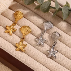 Women 18K Gold Plated Stainless Steel Retro Minimalist Personalized Scallop Starfish Earrings