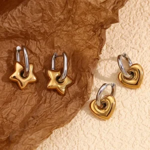 Women 18K Gold Pvd Interlock Star Heart Charm Huggie Hoop Earrings 316 Stainless Steel Minimalist Contrast Dangle Ear Jewelry