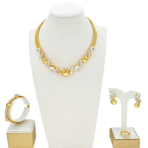 Women 24K Gold Plated Mesh CZ Jewelry Set Necklace Earrings Bracelet & Ring African Fashion Party Set
