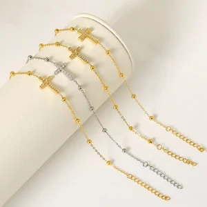 Women 316L Stainless Steel Cross Bracelet PVD Gold Tone Plated Beaded Chain Inlaid CZ Religious Adjustable Jewelry