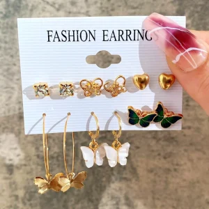 Women 6pairs Set Butterfly Heart Earring Set Statement Daily Wear Gold Pleated Crystal Butterfly Earring